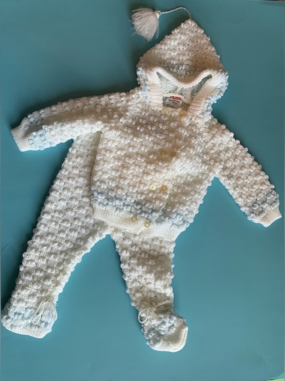 Vintage 70s White & Light Blue Baby Knit Hooded Two-Piece Set